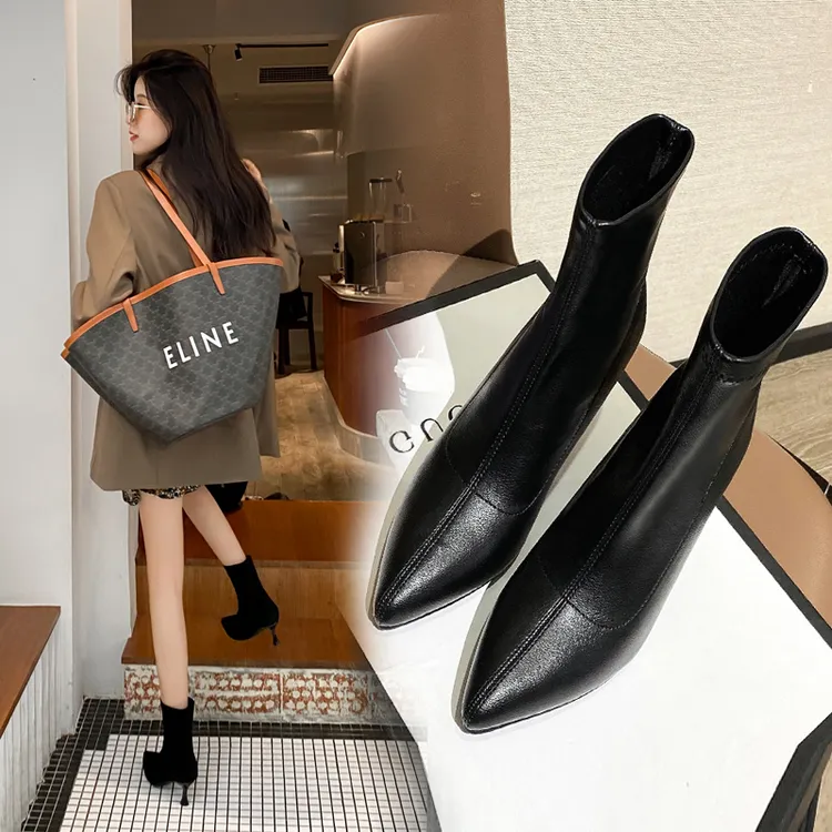 春秋百搭黑色弹力瘦瘦靴新款高跟细跟英伦软底不累脚真皮保暖短靴