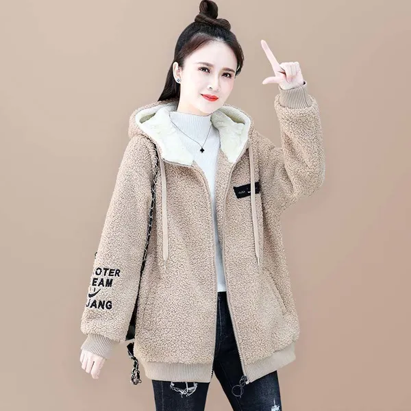 羊妃毛绒外套中长款加绒新款2024秋冬季拉链连帽卫衣女宽松慵懒风