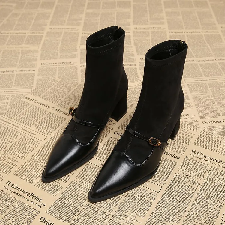 新款黑色职业短靴法式气质尖头瘦瘦靴女真皮粗跟高跟靴弹力马丁靴