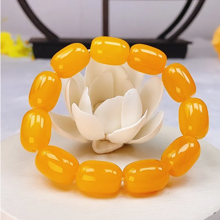 满蜜鸡油黄原石手串 天然黄龙玉手串 枣型珠手串 天然玉石手链