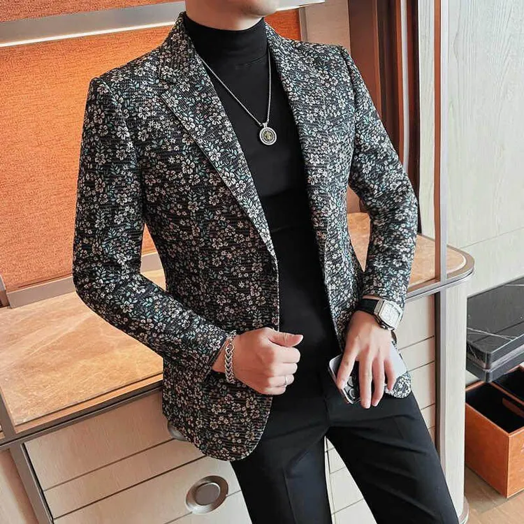 男士时尚百搭微弹舒适印花西装韩版修身青年秋冬装休闲上衣西服