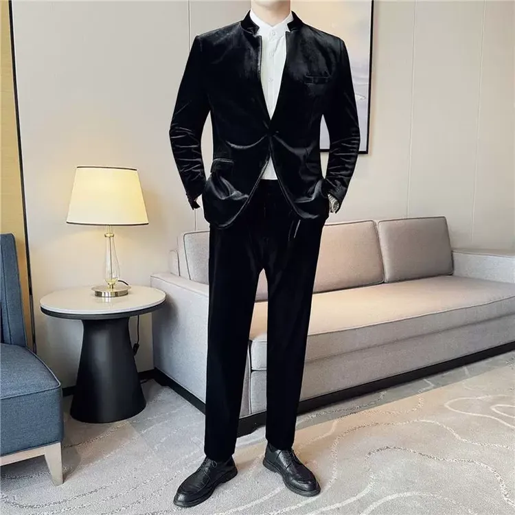 新中式高级感男士立领丝绒休闲西装套装秋冬潮流帅气结婚加厚西服