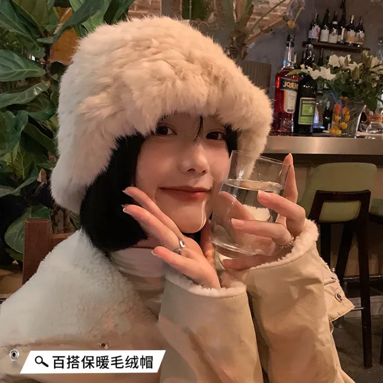 荷叶边兔毛针织帽子女大头围渔夫帽毛茸茸防寒显脸小包头冬季帽子