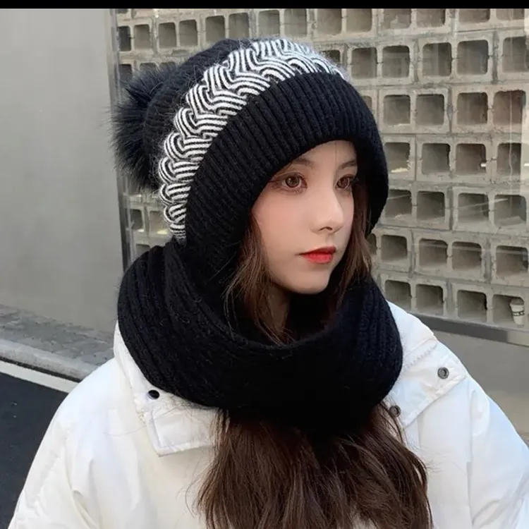 帽子连围巾一体毛线帽骑车必备加绒防寒护耳保暖加厚针织帽女冬