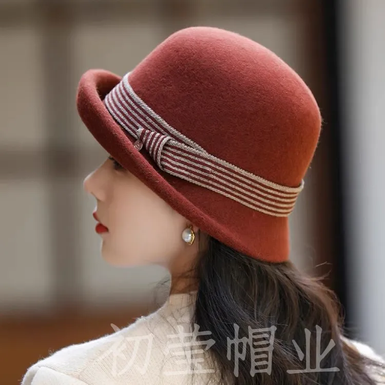 渔夫帽女秋冬卷边盆帽2025新款时尚优雅礼帽大头围毛呢毡帽网红