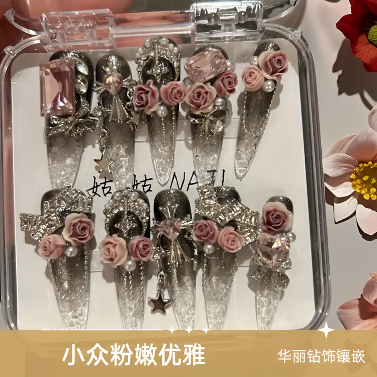 黑冰 原创琉璃甲黑粉配色纯手工穿戴甲片夏日新款高级气质款式