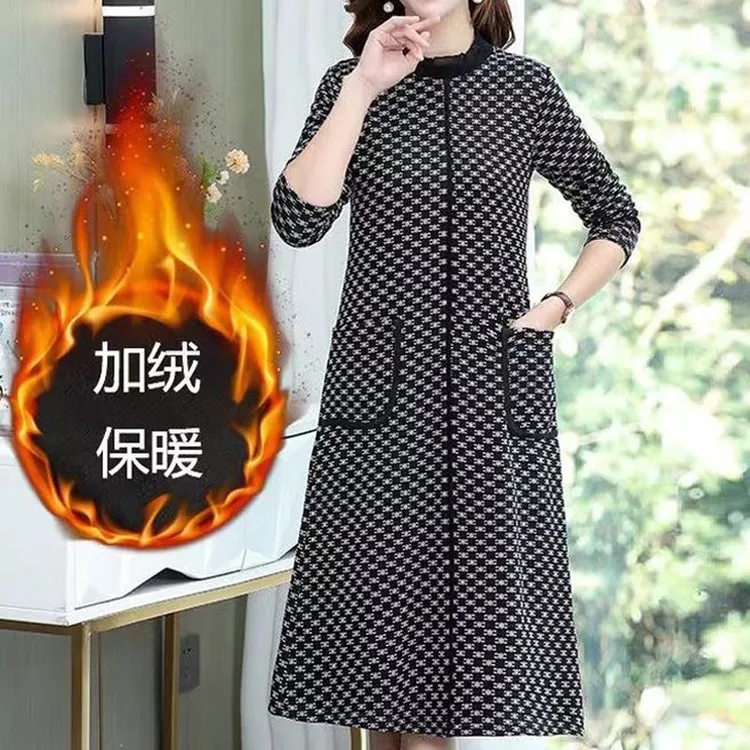 【新款】秋冬季新品连衣裙中长款大码A字裙宽松加绒女装连衣裙