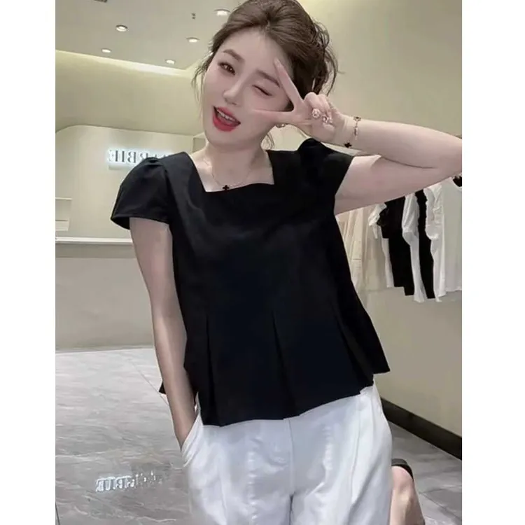 法式方领短袖衬衫女夏季2025新款设计感小众别致漂亮收腰显瘦上衣