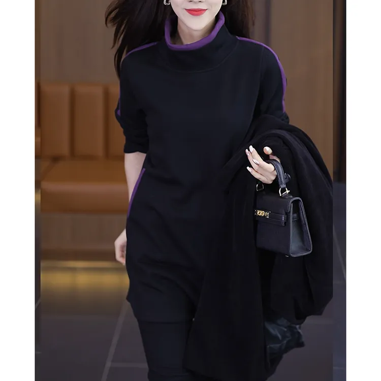 秋冬长袖加绒卫衣连衣裙中长款时尚休闲高领黑色