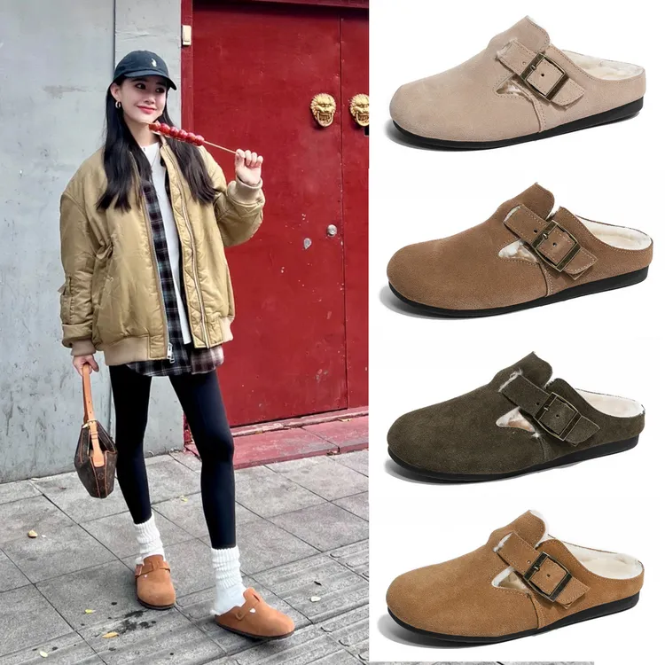 【勃肯半包羊毛鞋】真皮软木男女鞋防滑情侣鞋皮毛一体博肯半包拖鞋