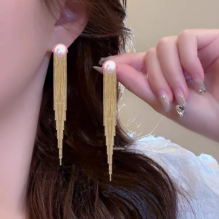 铜合金仿珍珠耳饰 女士漂亮耳环个性长款流苏耳饰轻奢小众高级感