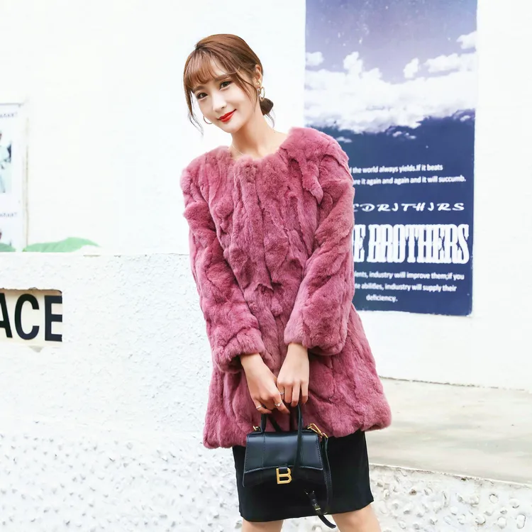 2025海宁真獭兔毛皮草外套女圆领中长款九分袖皮毛一体修身显瘦