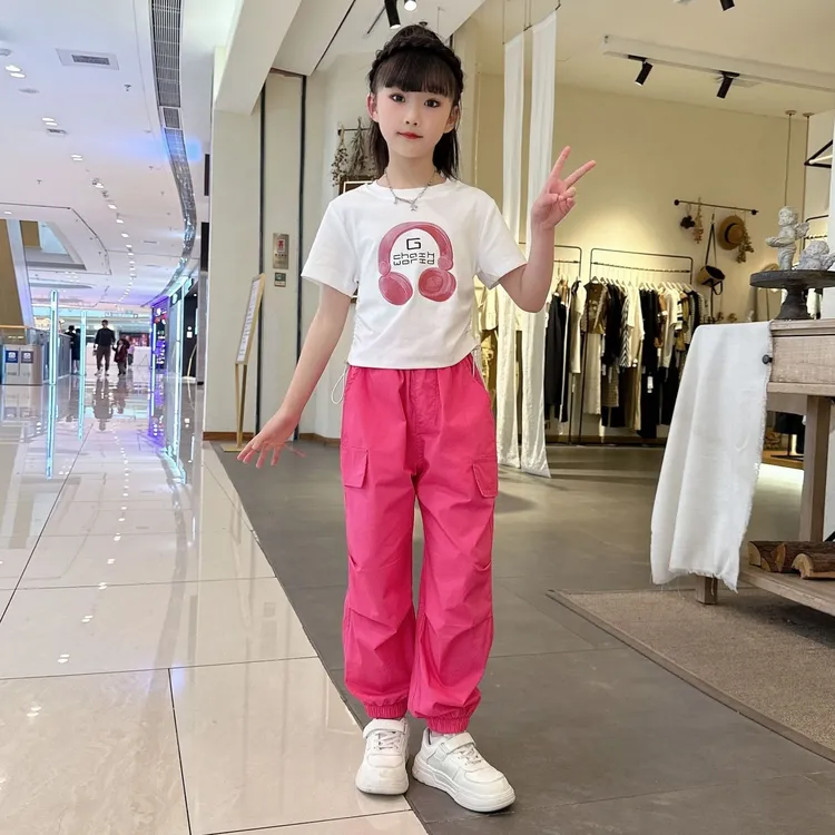 短袖夏2025新款洋气网红中大童女孩夏季高能感工装裤套装夏日穿搭