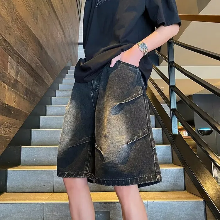 褶皱设计感牛仔短裤男夏美式高街宽松中痞帅工装五分裤