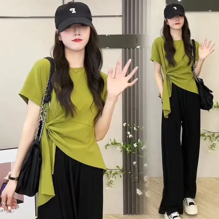 夏季新款韩版女装设计师休闲收腰绑带显瘦短袖T恤百搭阔腿裤