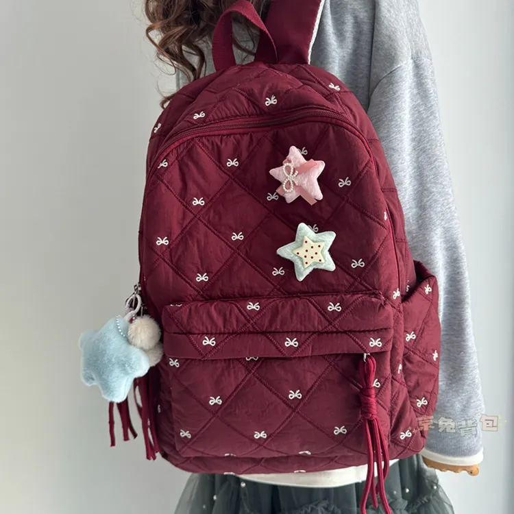 少女心秋冬棉服感双肩包菱格大容量初中生书包可爱小众设计感背包