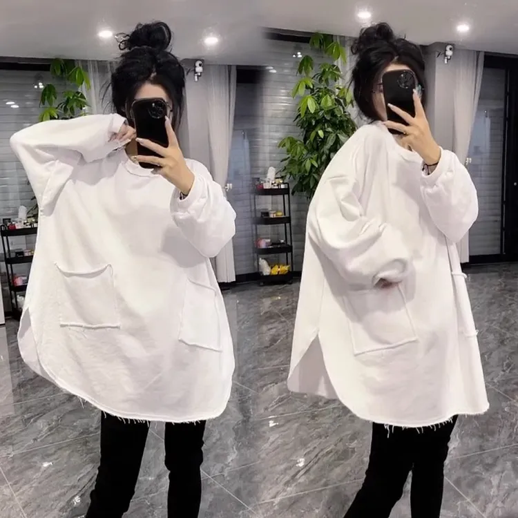 欧洲站开叉毛边下摆长袖T恤女2025秋季新款宽松中长款打底衫上衣