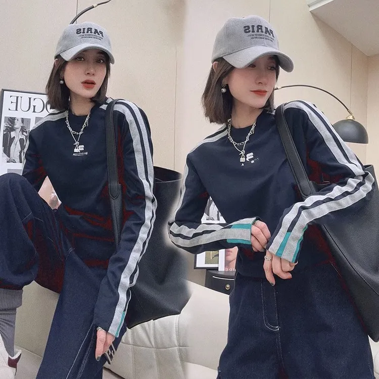品质欧货拼接条纹长袖T恤女2025秋季新款休闲百搭打底衫减龄上衣