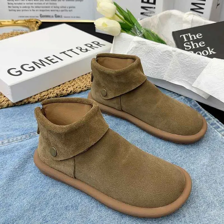 2024年秋季新款磨砂皮翻毛马丁靴女圆头短靴棉靴后拉链金属扣平底