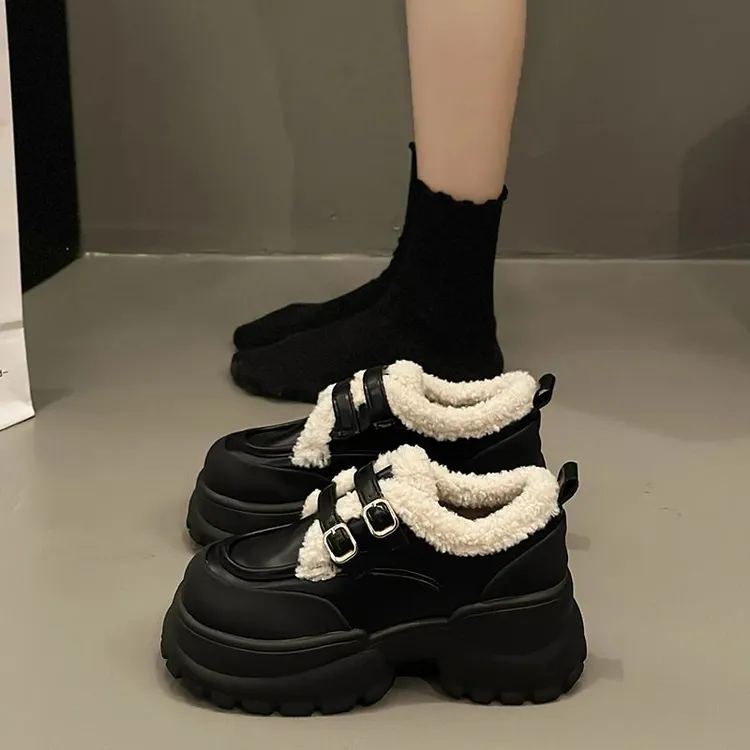 黑色厚底高跟毛毛小皮鞋女加绒英伦2024秋冬新款玛丽珍乐福鞋棉鞋