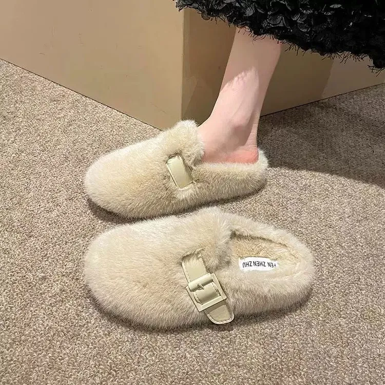 白色法式加绒毛毛鞋子女2024秋冬款新款保暖鞋一脚蹬软底棉拖鞋