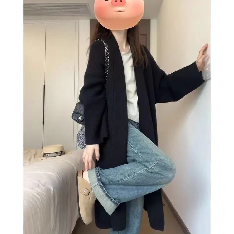 女装针织外套毛衣秋冬新款韩版气质中长款慵懒风开衫宽松黑色上衣