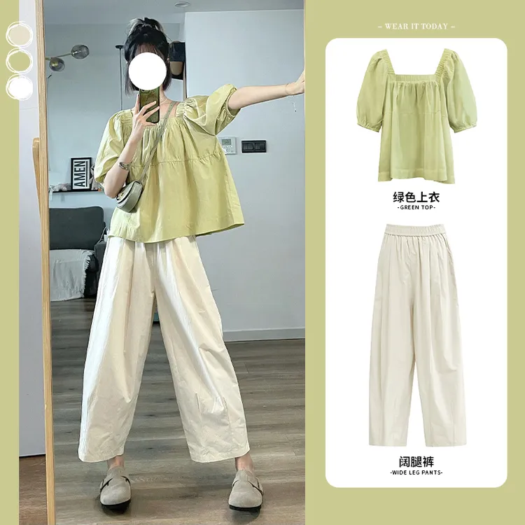 女装绿色衬衫夏季新款短袖休闲上衣阔腿裤网红洋气大码显瘦气质