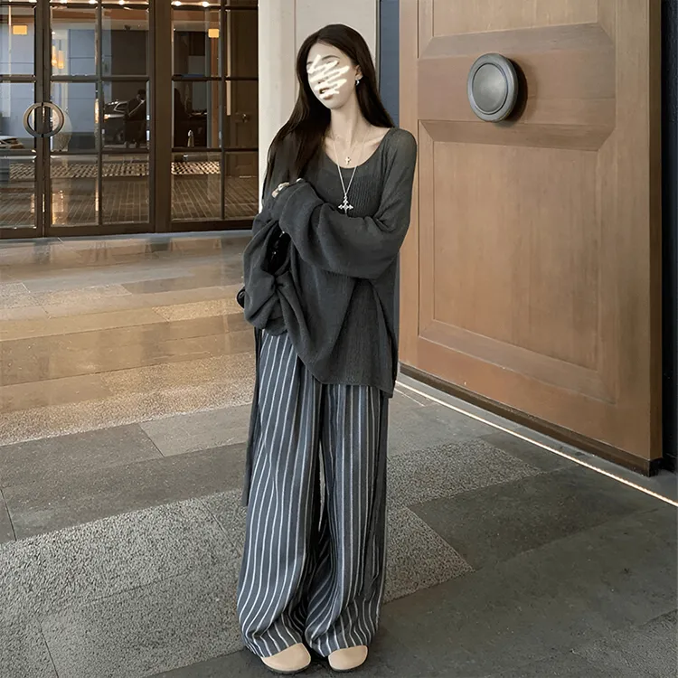 女装秋季新款慵懒风长袖针织上衣灰色宽松毛衣高腰条纹阔腿长裤