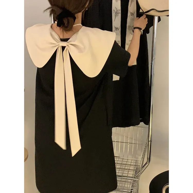 女装连衣裙2025夏季气质娃娃领显瘦时尚韩版蝴蝶结甜美宽松小黑裙