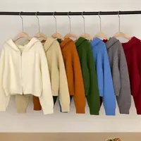 韩版百搭双拉链连帽针织开衫女秋冬款加厚宽松慵懒风短款毛衣外套