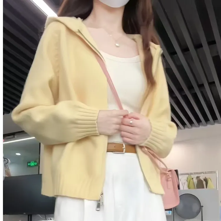 设计感双拉链连帽针织毛衣女秋冬季新款软糯百搭显瘦针织开衫外套