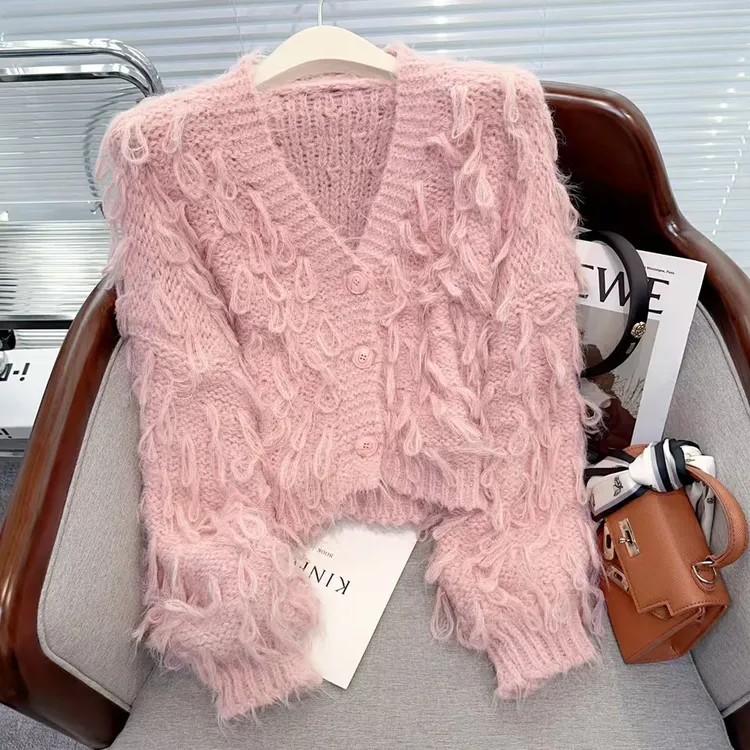 粉色V领温柔风针织开衫女秋冬新款设计感洋气减龄宽松毛衣外套潮