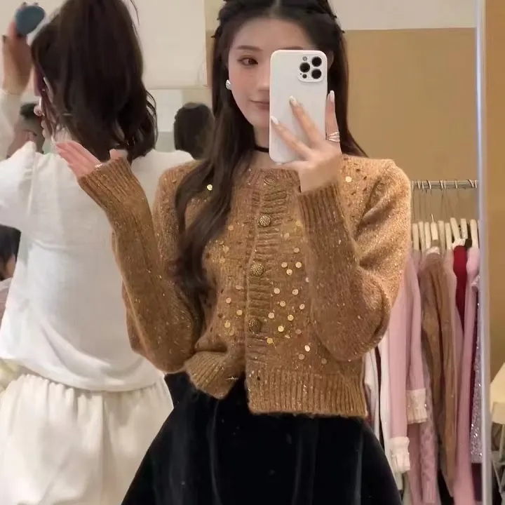 秋冬装宽松慵懒圆领外搭毛衣外套重工亮片红色针织开衫女时尚上衣