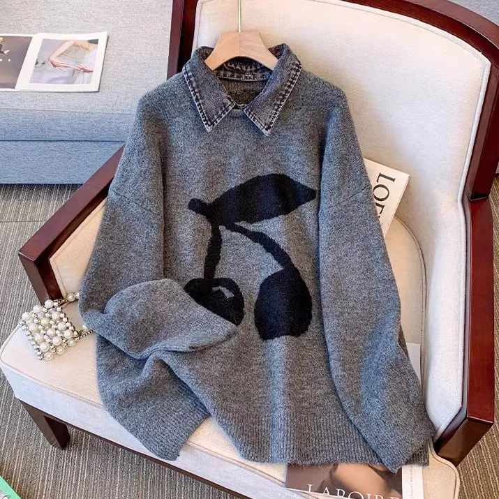 假两件时尚洋气宽松针织毛衣女秋冬季新款大码显瘦中长款慵懒上衣