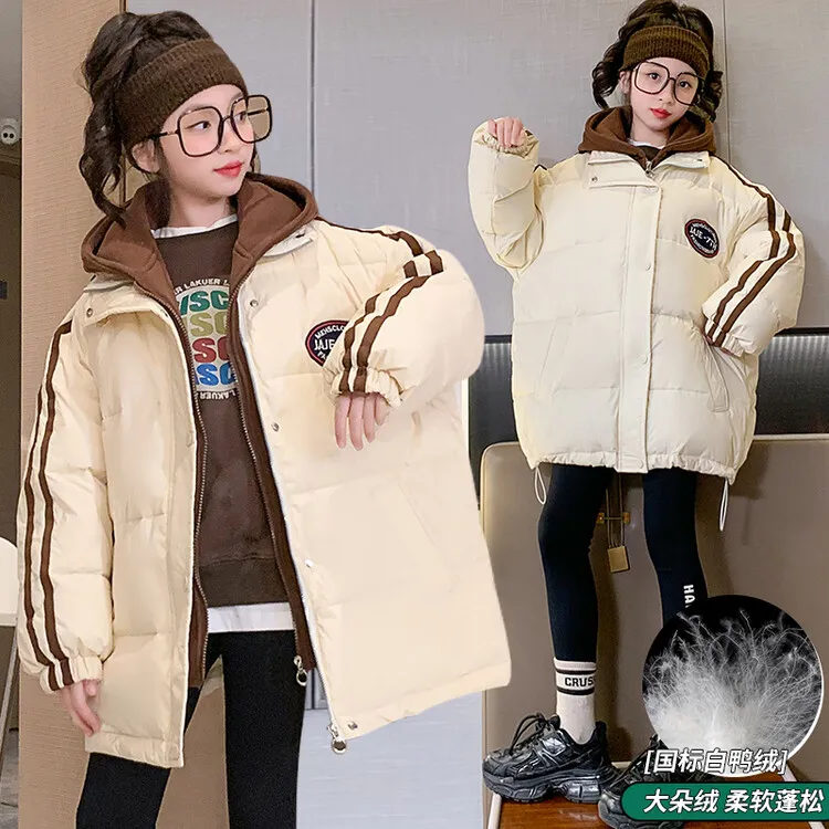 女童冬季羽绒服2024儿童连帽加厚中长款洋气柔软保暖白鸭绒羽绒袄