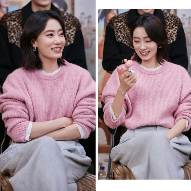 张小斐粉色慵懒风软糯针织衫上衣女2024秋冬新款宽松休闲时尚毛衣