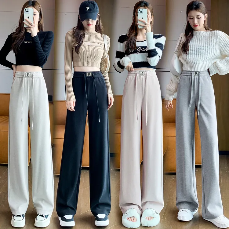 2023秋冬新款加厚高腰窄版阔腿裤直筒加长拖地针织裤加绒休闲裤