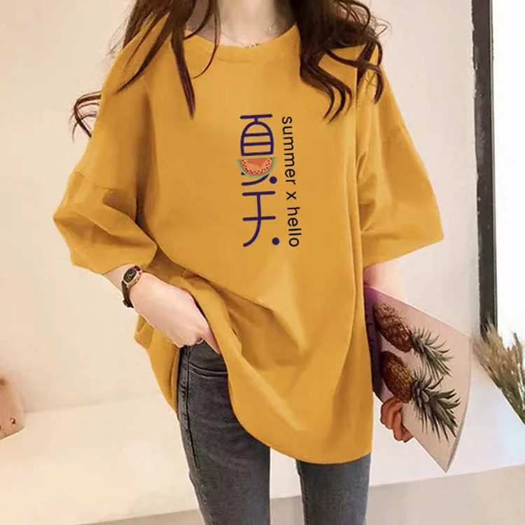 纯棉高端黄色短袖t恤女夏季2025新款大码女装时尚宽松女士上衣服