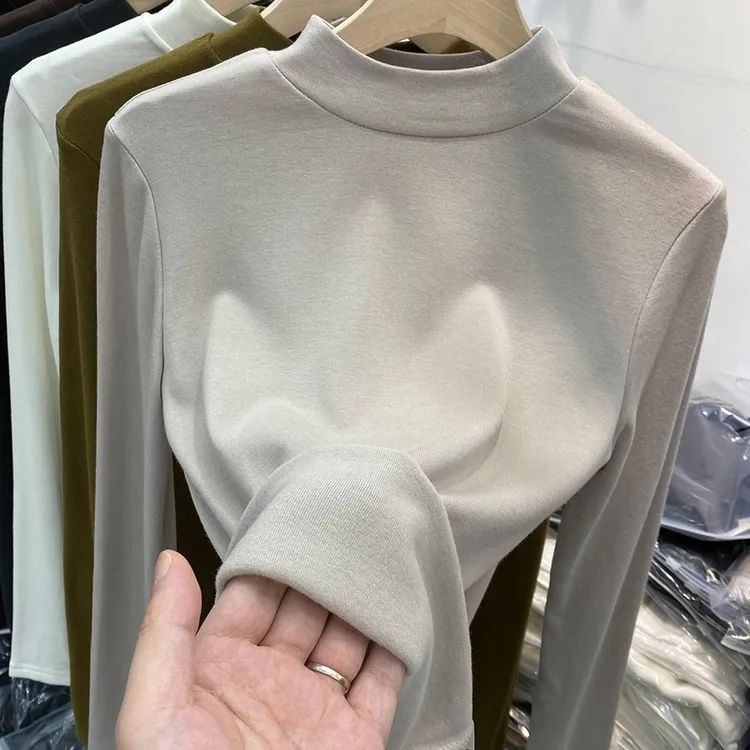 欧货新款女士时尚弹力棉简约通勤纯色小立领修身长袖半高领打底衫