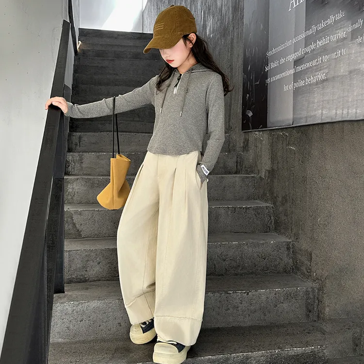 女童春秋款裤子2025新款6-12岁15岁中大儿童装洋气休闲直筒阔腿裤