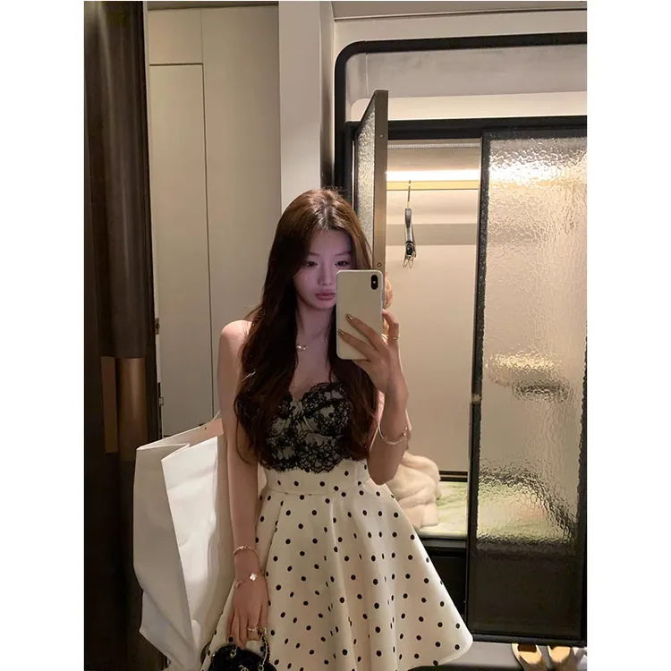 【小说女主】2025纯欲风蕾丝拼接吊带撞色波点生日轻礼服短款连衣裙