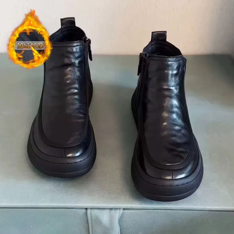 2024秋冬季加绒牛皮休闲板鞋新款高帮男士黑色透气韩版休闲男皮鞋