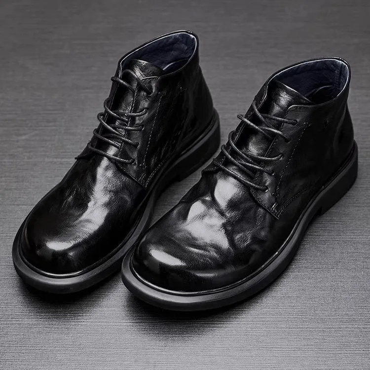 男士真皮马丁靴休闲时尚短靴圆头中帮黑色平底潮流靴子男潮鞋秋冬