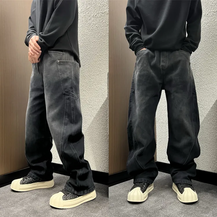美式高街渐变做旧复古宽松弯刀水洗加绒加厚牛仔裤秋冬季阔腿裤男