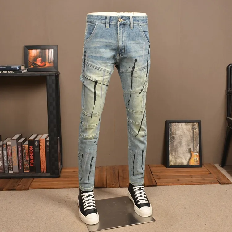 秋冬款浅色泼漆牛仔裤男弹力修身潮牌痞帅炸街水洗拼接机车小脚裤