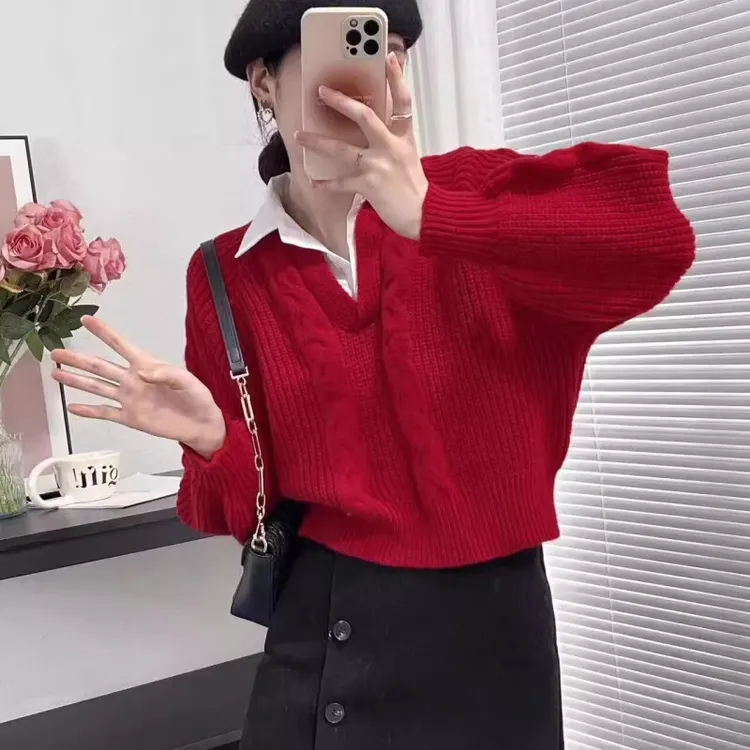 假两件polo领韩版毛衣女秋冬季宽松慵懒风设计感小众拼接麻花针