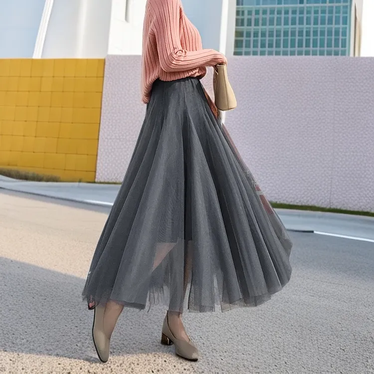 A字高腰百搭温柔风网纱裙2024夏季半身显瘦半身裙中长款百搭裙子