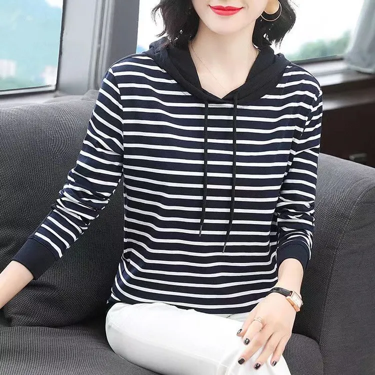 新款纯棉长袖连帽T恤女薄款宽松2025春秋季带帽条纹休闲大码上衣