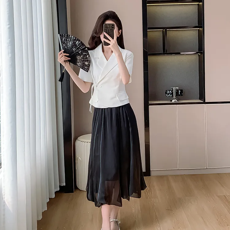 实拍设计感新中式盘扣短袖西装上衣+不规则垂感显瘦气质典雅