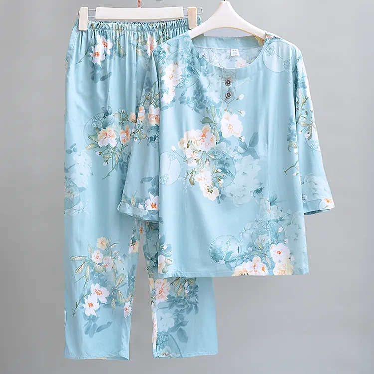 夏天睡衣女套装夏季薄款女士七分袖绵绸家居服宽松印花可外穿套装